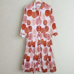 SAMANTHA SUNG Poppy Printed Audrey Midi Shirt Dress in Orange/White Combo • Sz 8